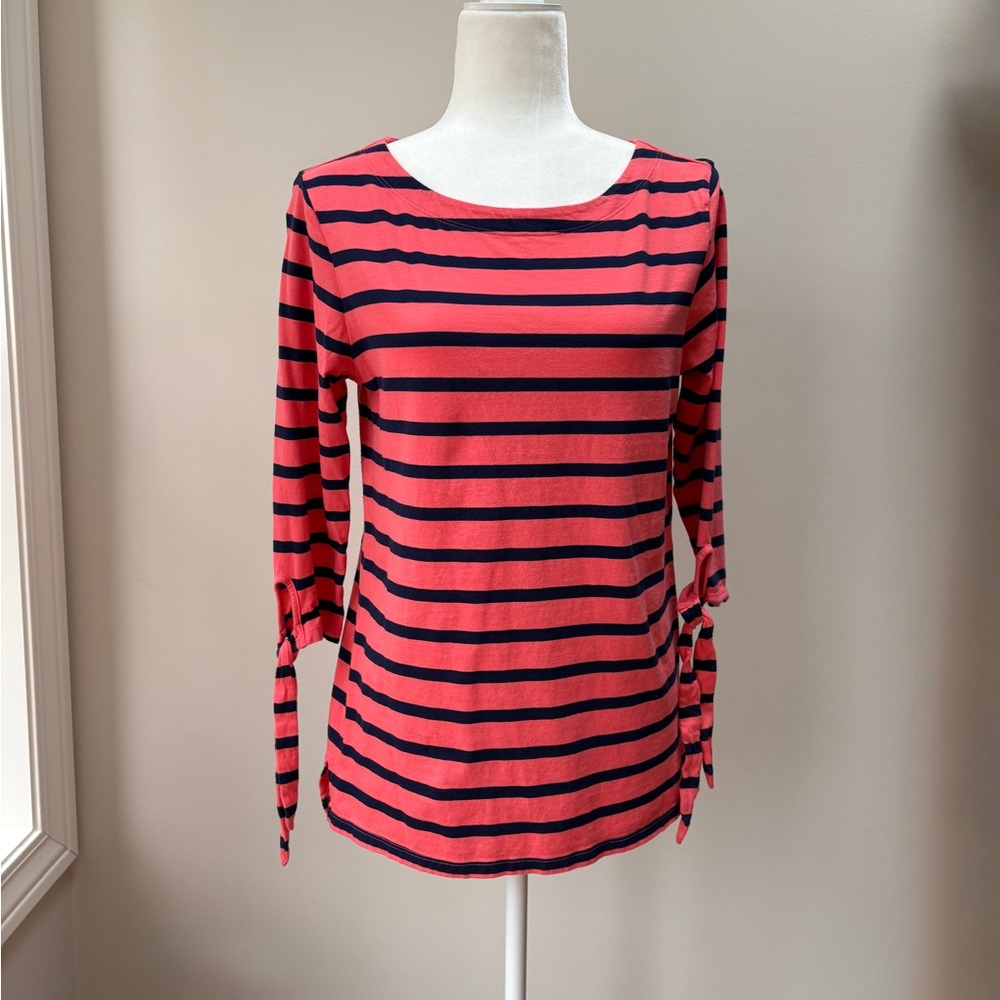 Old Navy Coral Orange and Navy Striped Tie-Cuff Long Sleeve Top - Picture 10 of 10